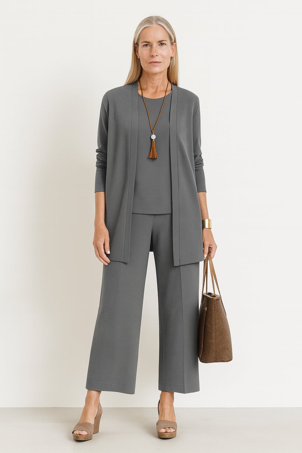 Woman wearing the Blair 3-piece gray cardigan, tank top, and wide-leg pants set, full front view