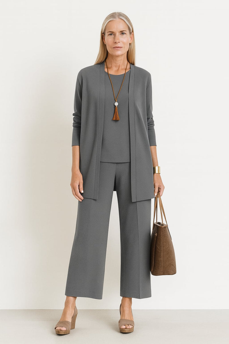 Woman wearing the Blair 3-piece gray cardigan, tank top, and wide-leg pants set, full front view