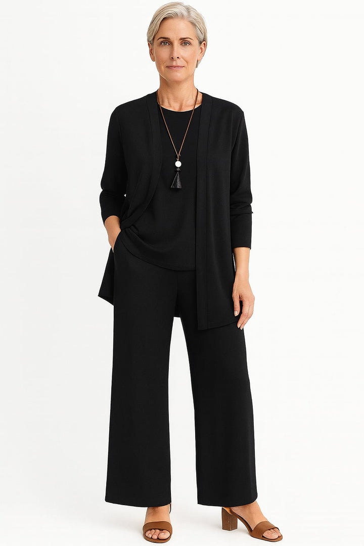 Close-up of the Blair open-front longline cardigan in gray showing drape and fabric texture