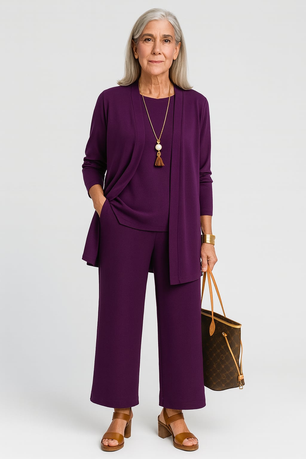 Woman styling the Blair set with heels, showing the ankle-grazing pant length