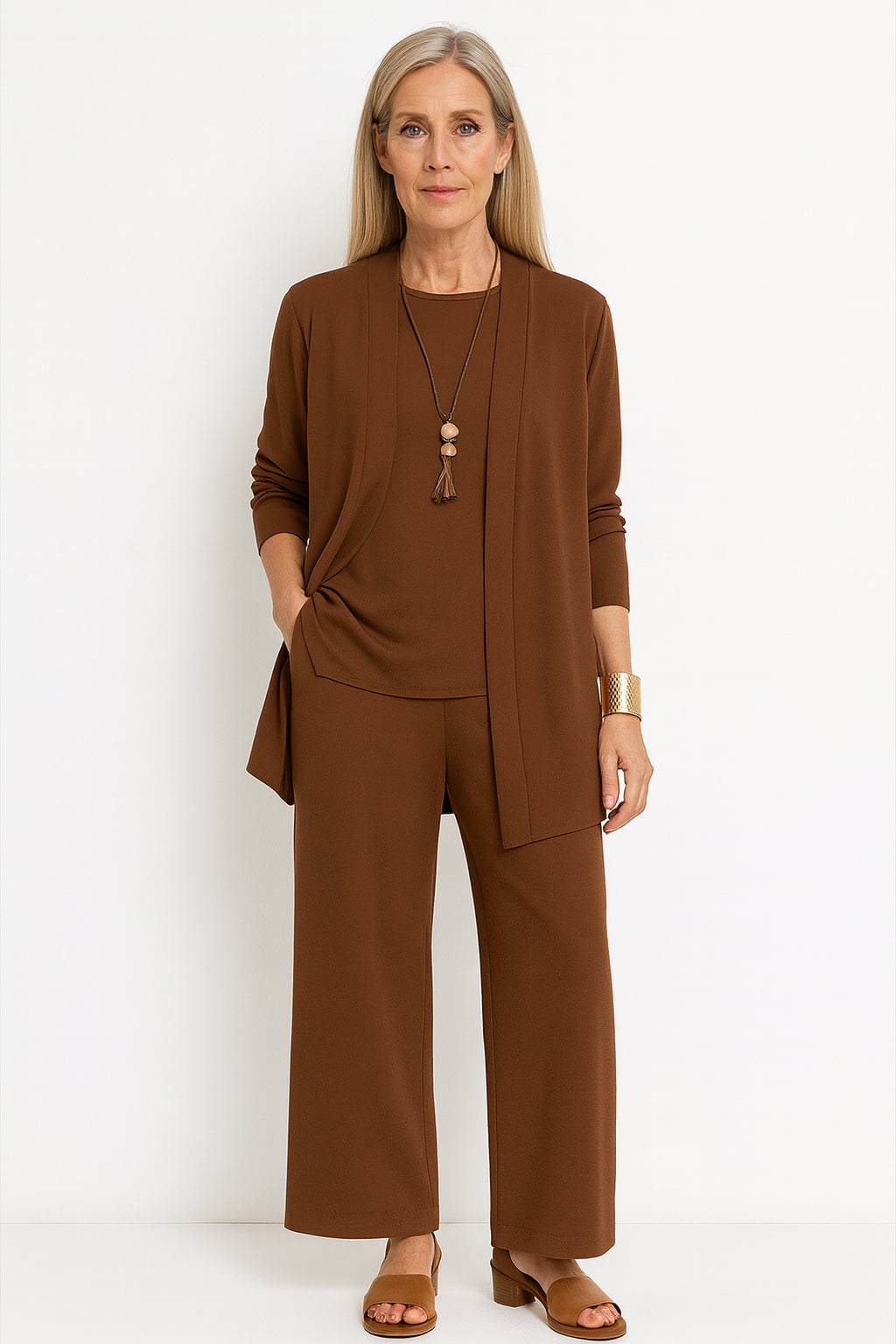 Back view of the Blair 3-piece coordinated set in gray on a woman model