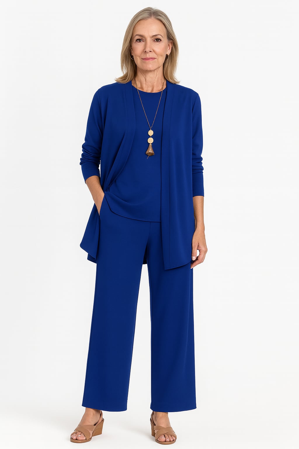 Flat lay of the Blair cardigan, tank top, and wide-leg pants set in black