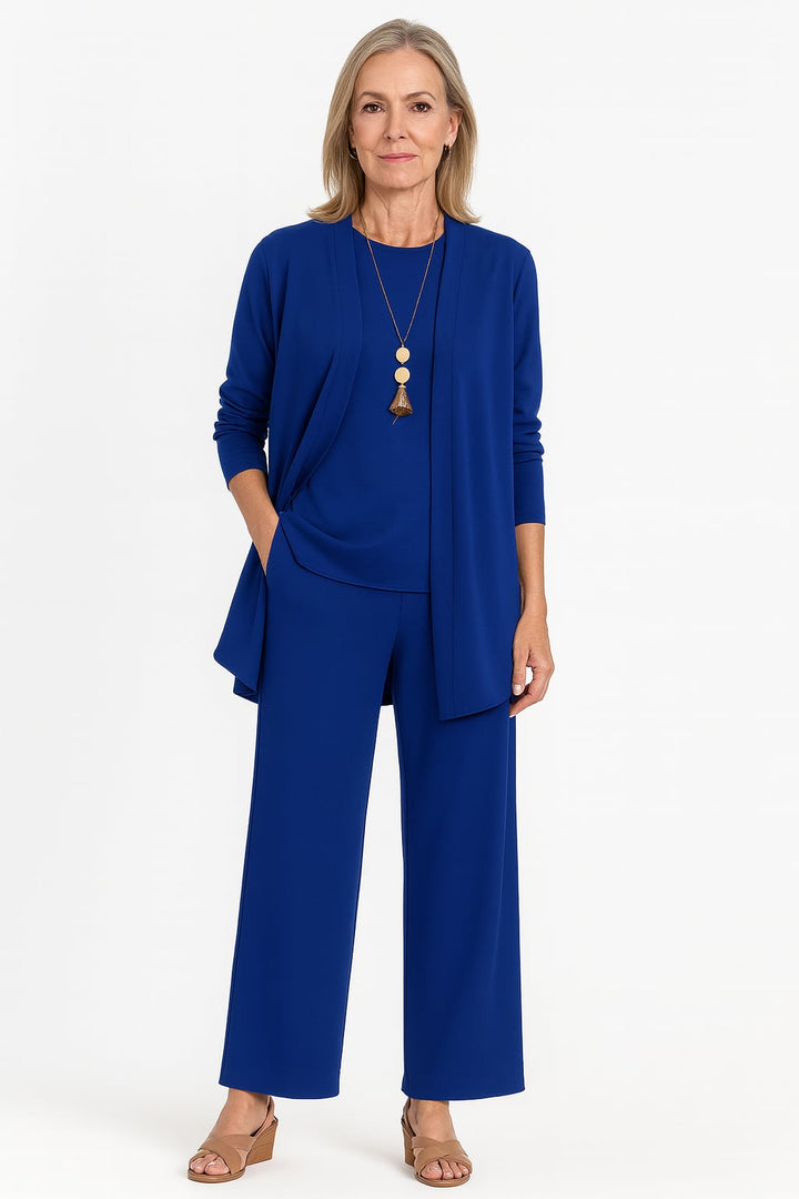 Flat lay of the Blair cardigan, tank top, and wide-leg pants set in black