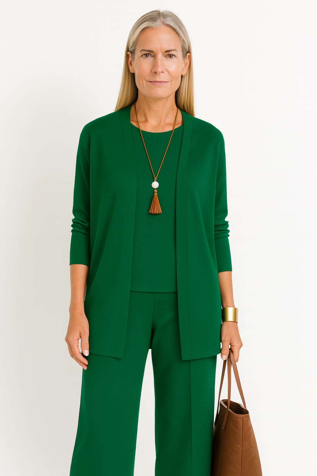 Woman wearing the Blair 3-piece set in red, front view showing full outfit coordination