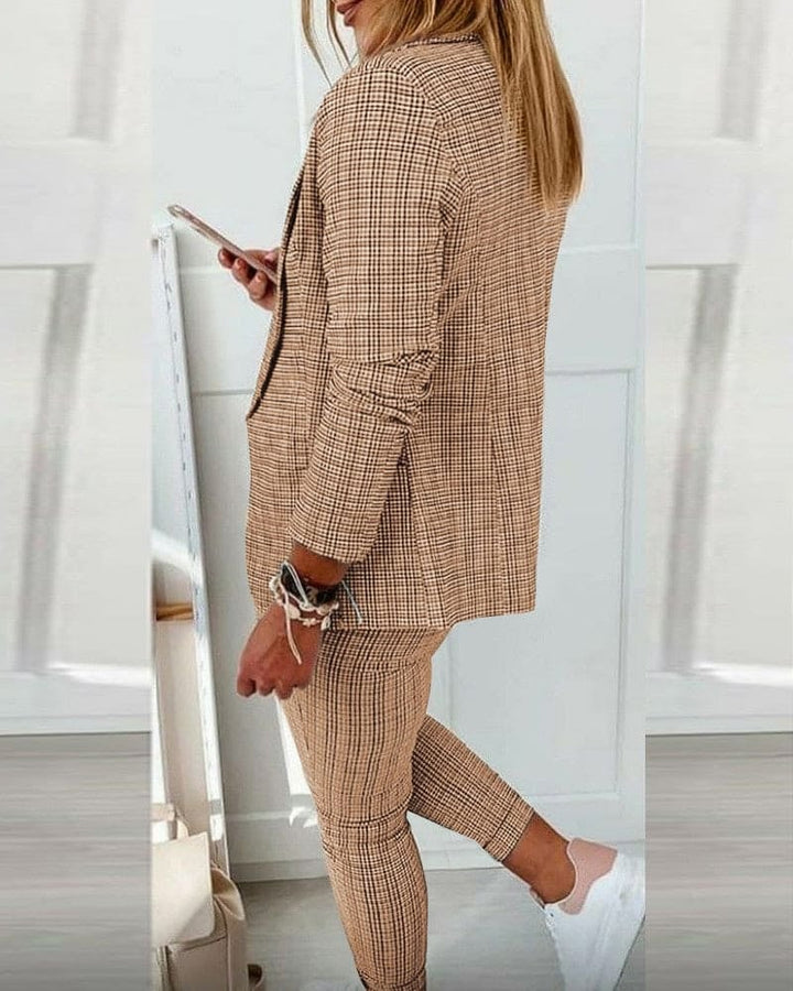 Blair plaid blazer set in pink, front and back view on model