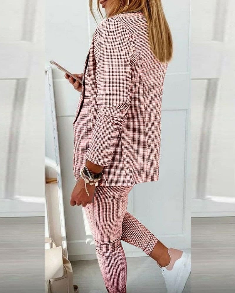 Flat lay of Blair plaid blazer set showing both jacket and slim pants