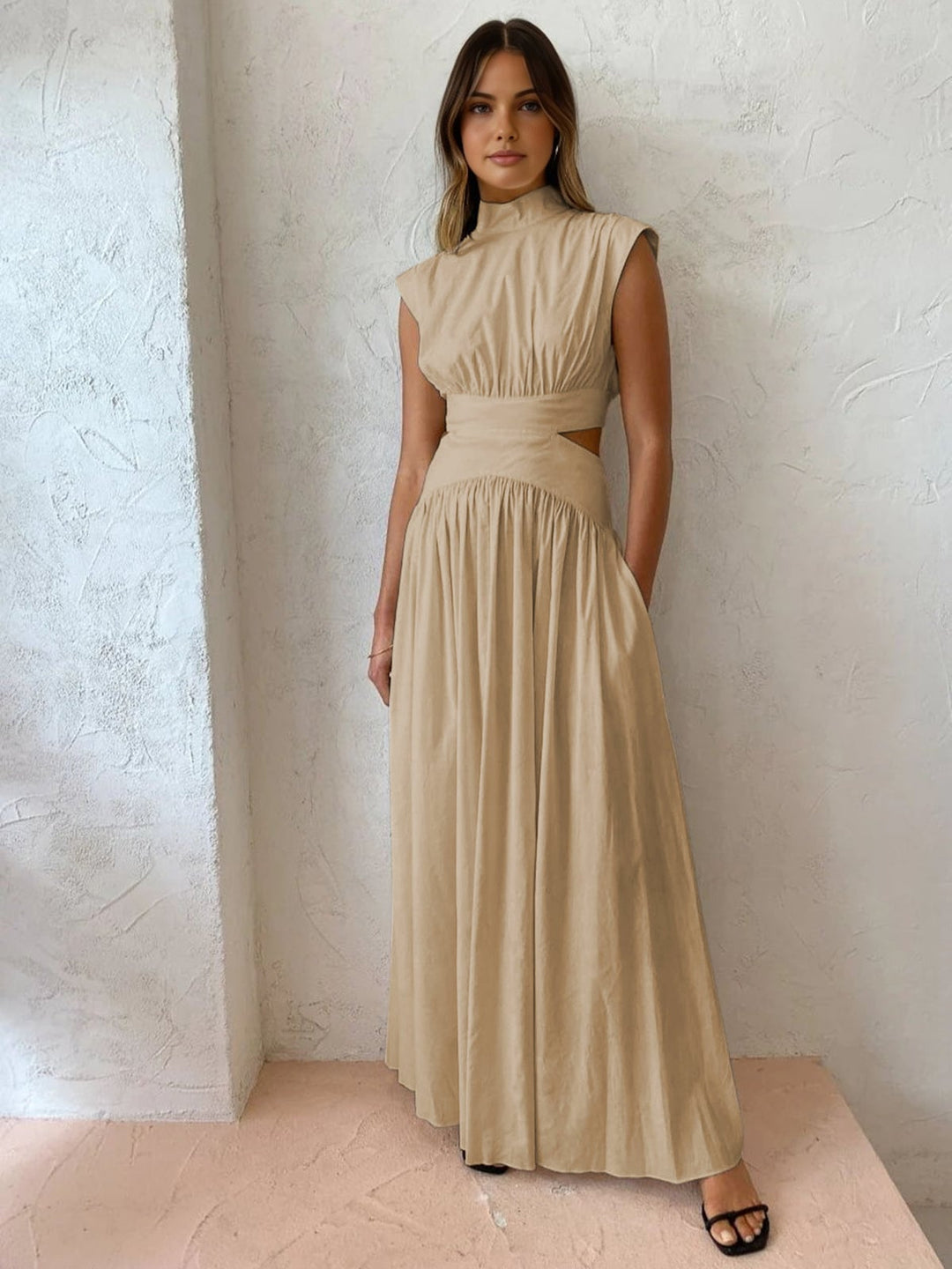 Black mock neck cutout maxi dress with ruched waist, front view