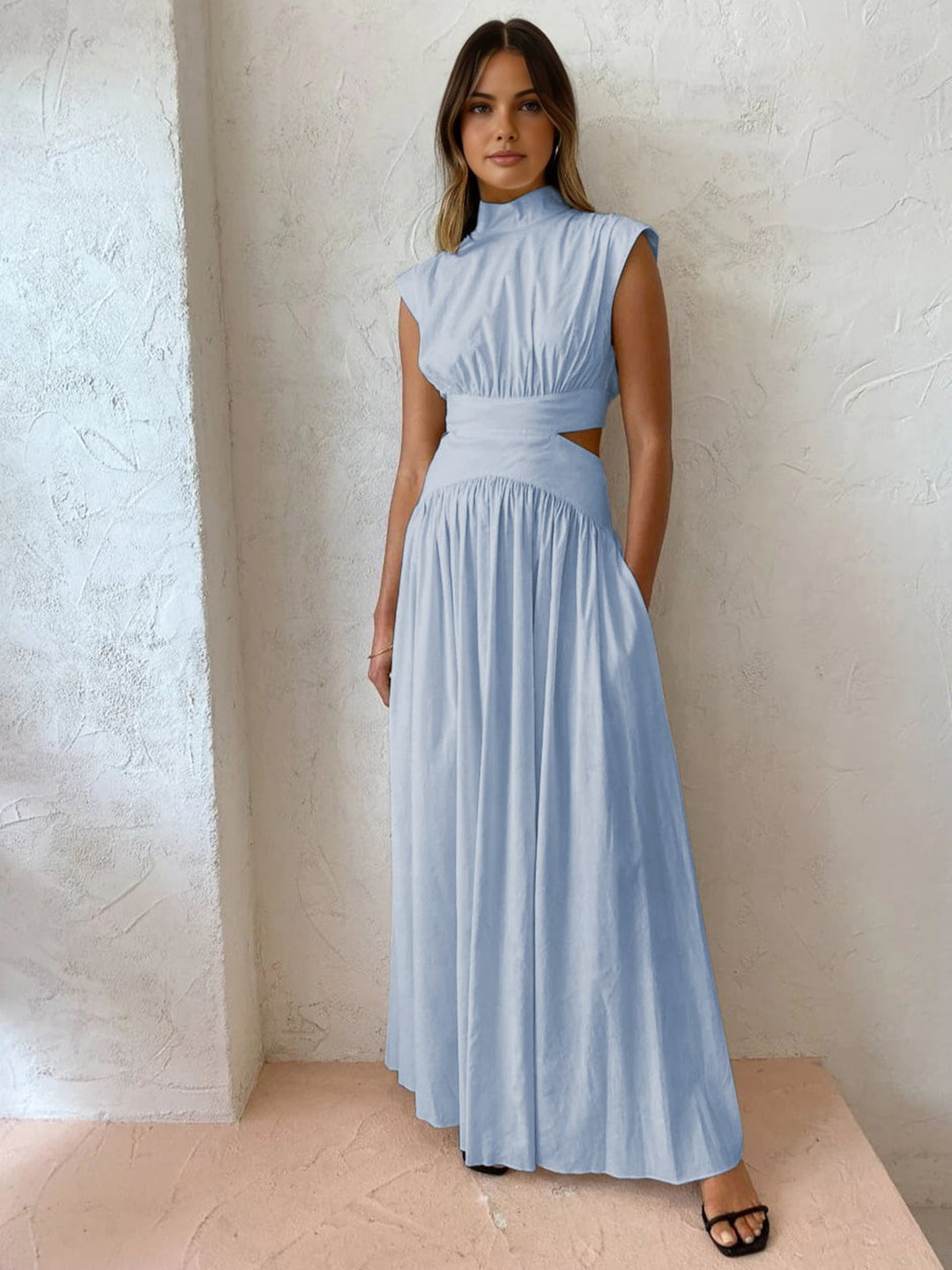 Pink mock neck cutout maxi dress with full gathered skirt, front view