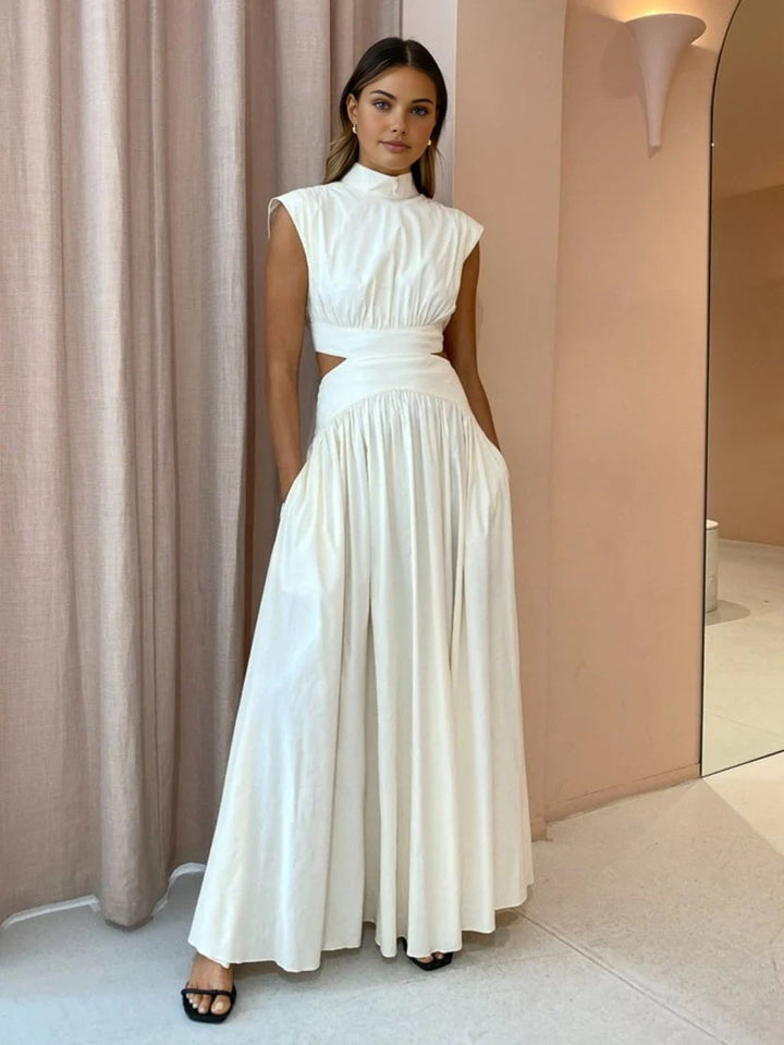 Navy mock neck cutout maxi dress with gathered skirt, front view
