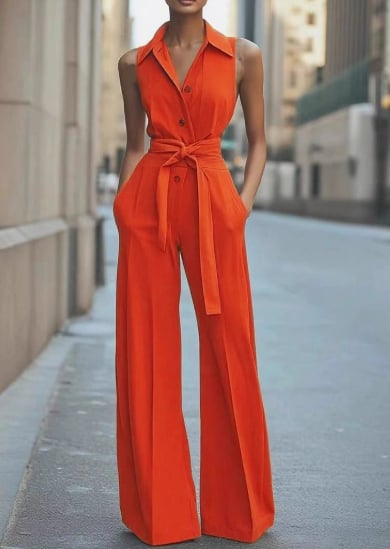 Woman wearing a sleeveless wide-leg belted jumpsuit with a button-front bodice and self-tie waist sash