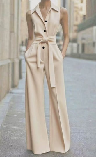 Front view of the sleeveless wide-leg jumpsuit showing the V-neck collar and button detailing