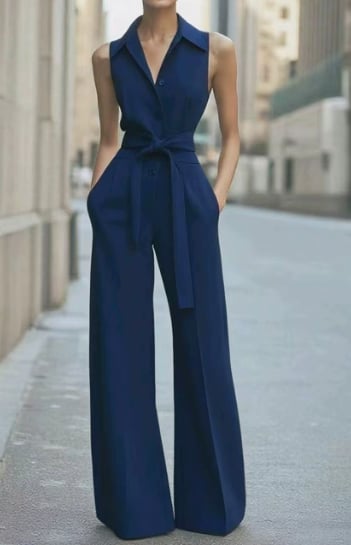 Side view of the wide-leg jumpsuit highlighting the floor-grazing trouser silhouette