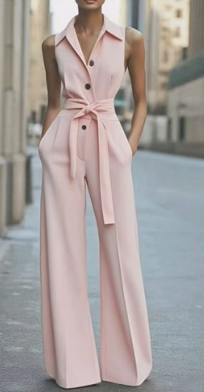 Close-up of the self-tie waist sash and button-front bodice on the sleeveless jumpsuit