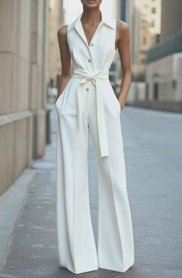 Model posing in the wide-leg belted jumpsuit styled with heeled sandals for a formal occasion