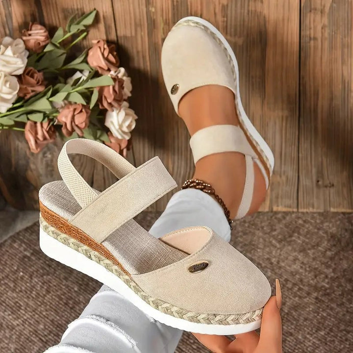 Blossom women's orthopedic platform sandal in white with adjustable straps, side view