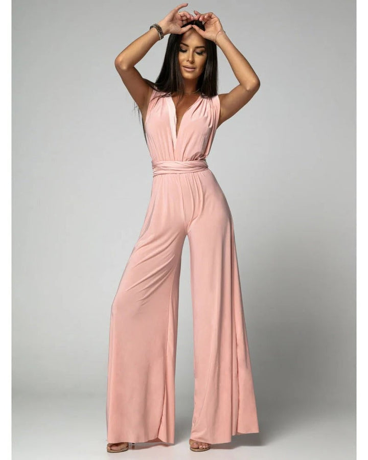 Back view of wide-leg palazzo jumpsuit showing adjustable multiway wrap tie straps