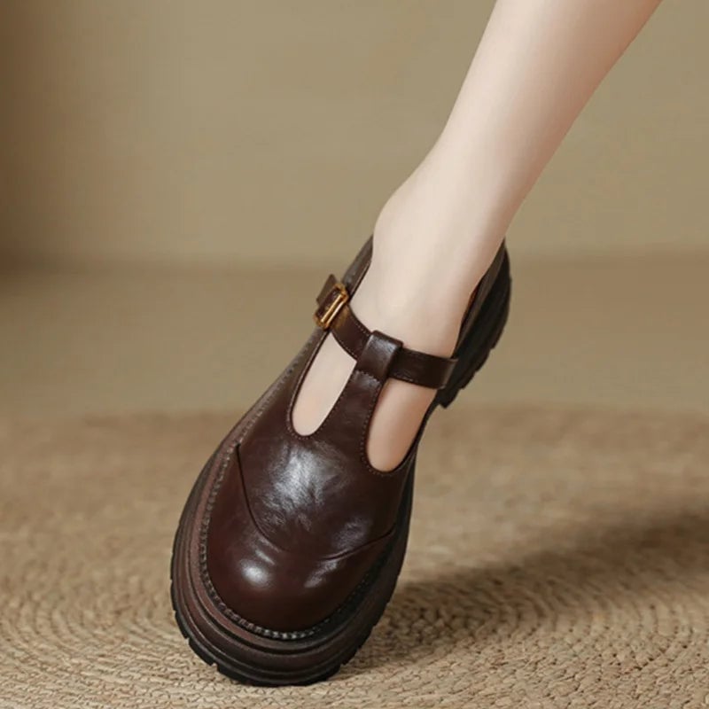 Blythe T-bar mary jane shoes in brown with brogue wingtip detail and round toe, front view