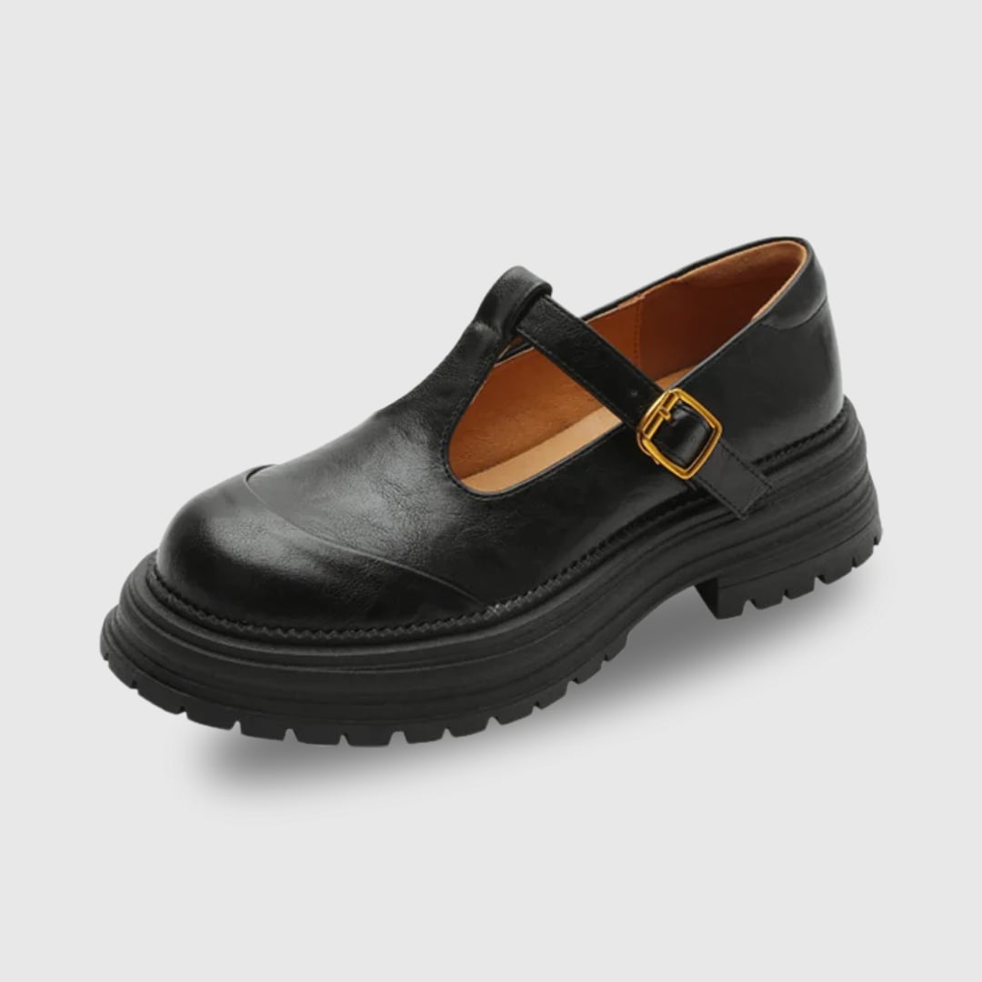 Blythe T-bar mary jane shoes in black, rear view showing heel construction
