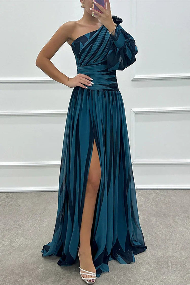 Full-body front view of a rose red striped one-shoulder maxi dress with a front slit detail