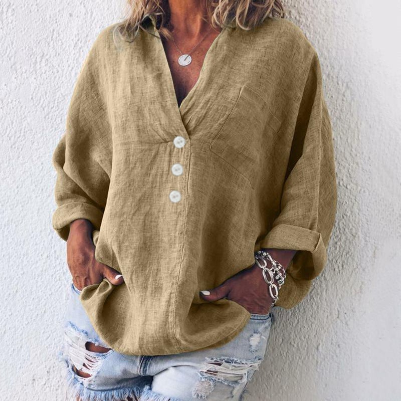 Side view of the Breeze oversized top in gray highlighting the relaxed linen-look silhouette