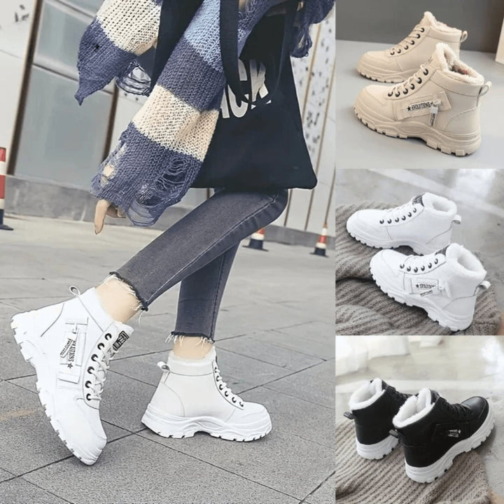 Women's winter boots in Beige, White, and Black colorways arranged side by side