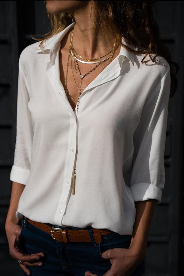 Breezy blouse with sleeves rolled up, showing the versatile roll-up sleeve detail