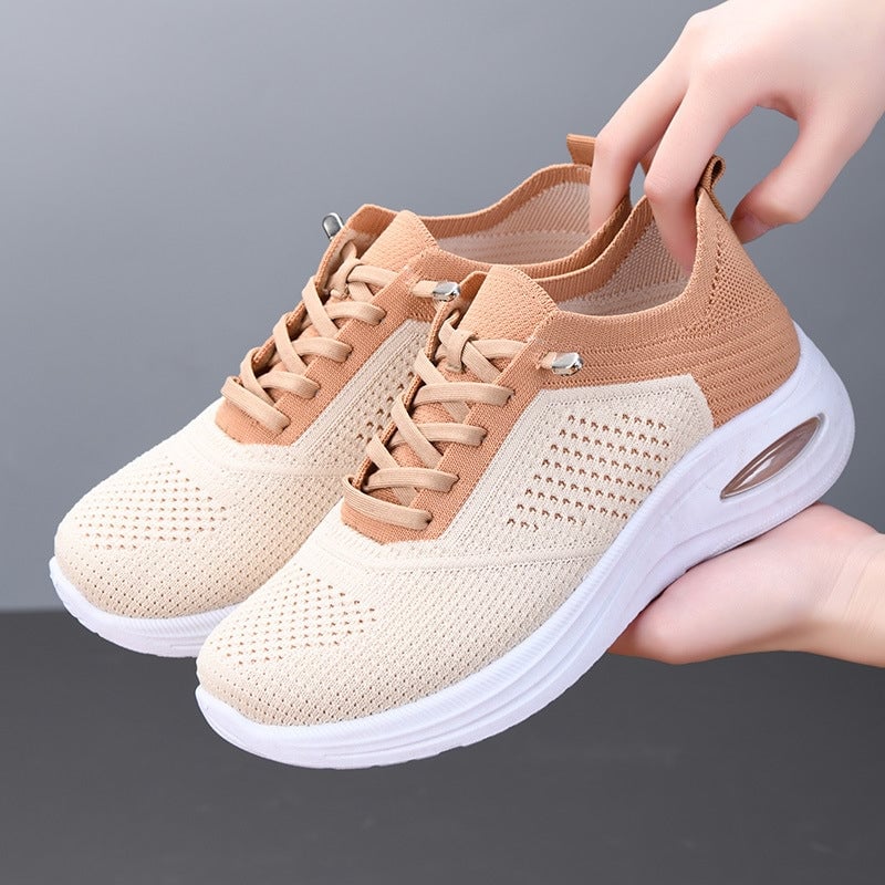 Women's beige mesh lace-up sneakers with visible air cushion heel and white platform sole