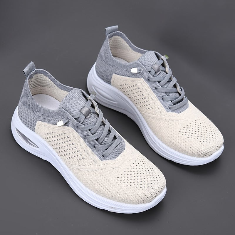 Close-up of air cushion heel on women's lightweight mesh platform sneakers