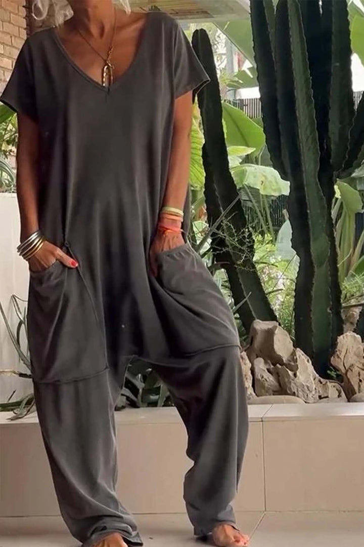 Front view of the Florimay Breezy jumpsuit in sky blue showing the soft V-neckline and cap sleeves