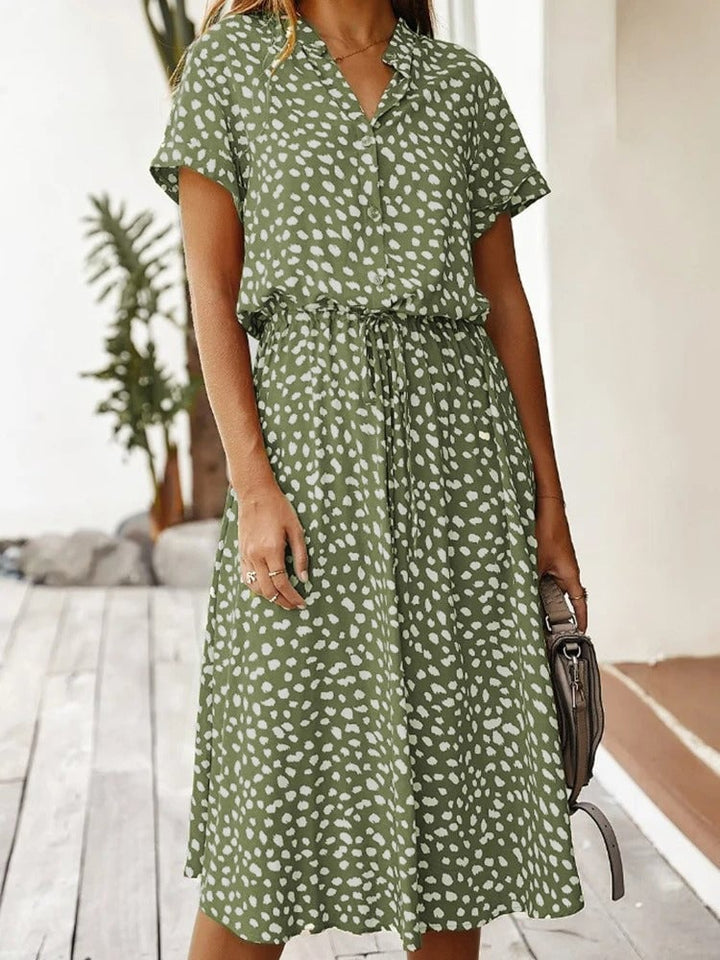 Side view of the Brenda summer dress showing the comfortable flowing silhouette and sleeve length