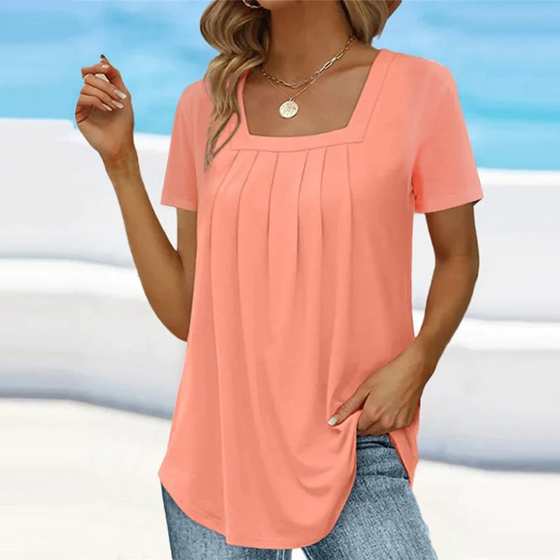 Side view of the flowing relaxed fit of the Florimay elegant pleated square-neck blouse