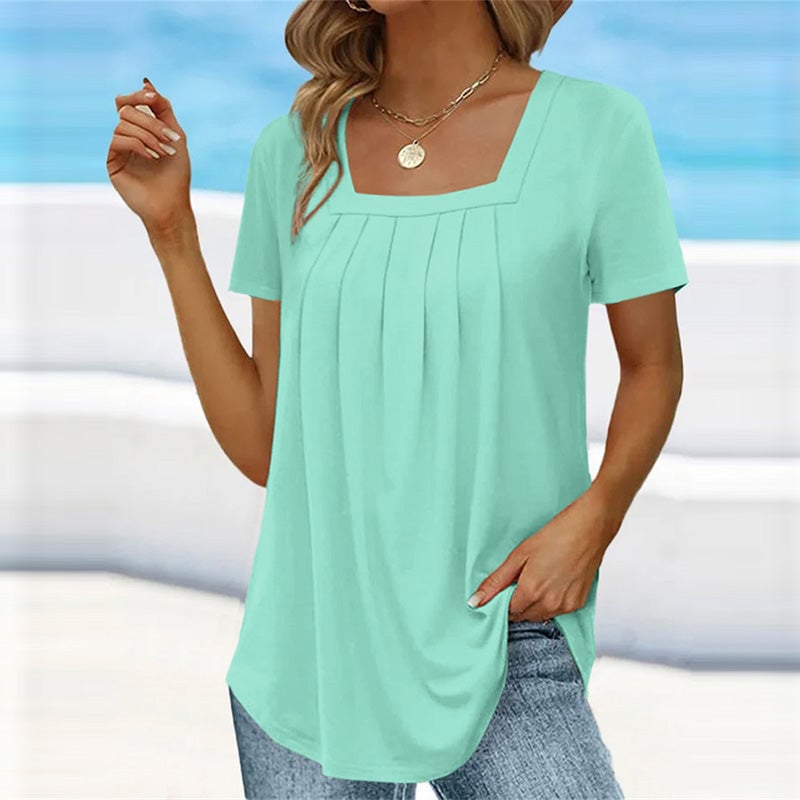 Florimay pleated blouse in Emerald Green showing the flattering neckline and drape