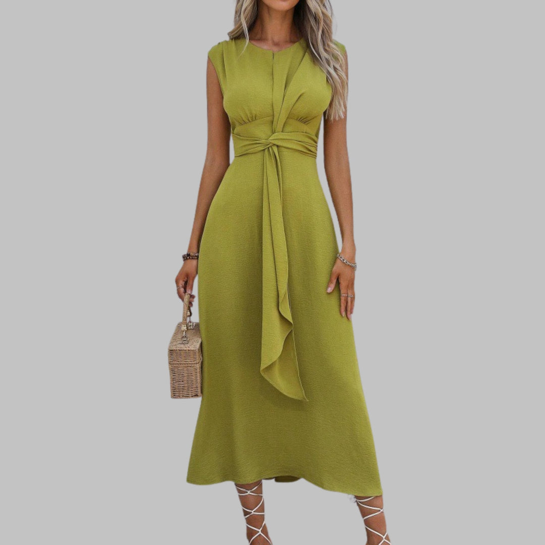 Close-up of the flattering round neckline detail on a sleeveless maxi dress