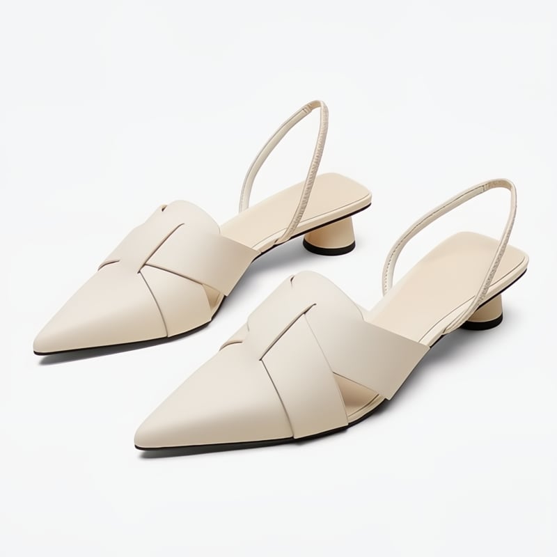 Bridgette low heel sandals in beige, side view showing elegant silhouette and low heel