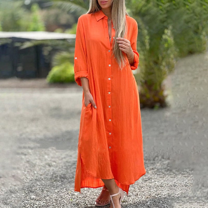 Front view of the Brielle maxi shirt dress in white showing full button-down closure and shirt collar detail
