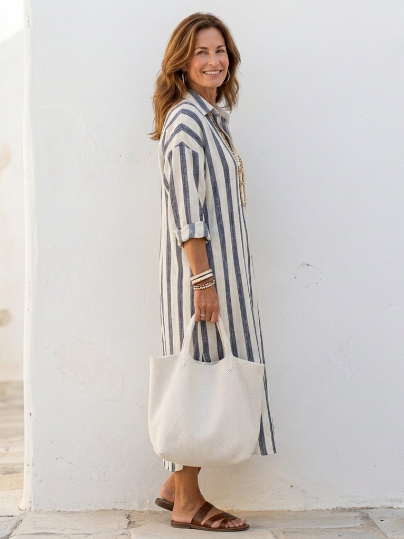 Close-up of the button-front neckline on the Brielle striped midi shirt dress in blue
