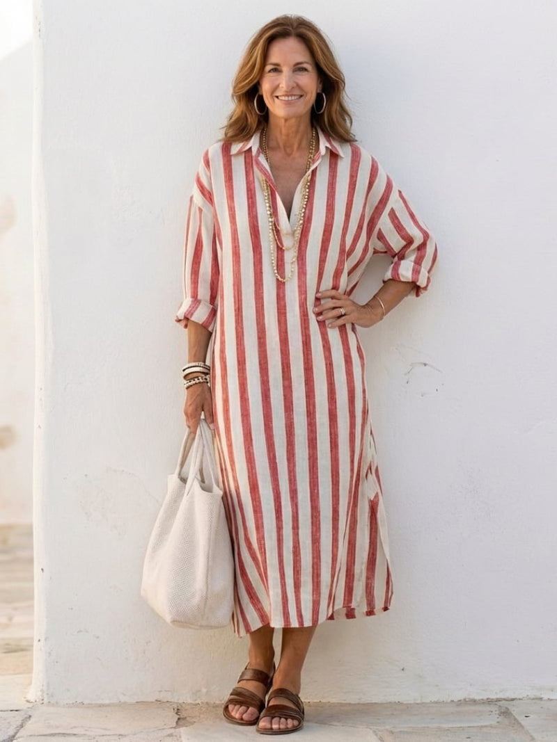 Woman wearing the Brielle red striped long sleeve midi shirt dress, front full-length view