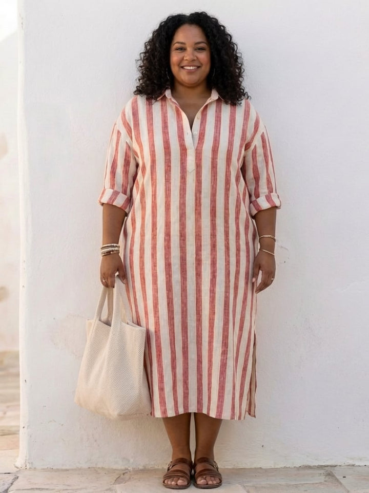 Side view of the Brielle red striped midi shirt dress showing midi length and long sleeves