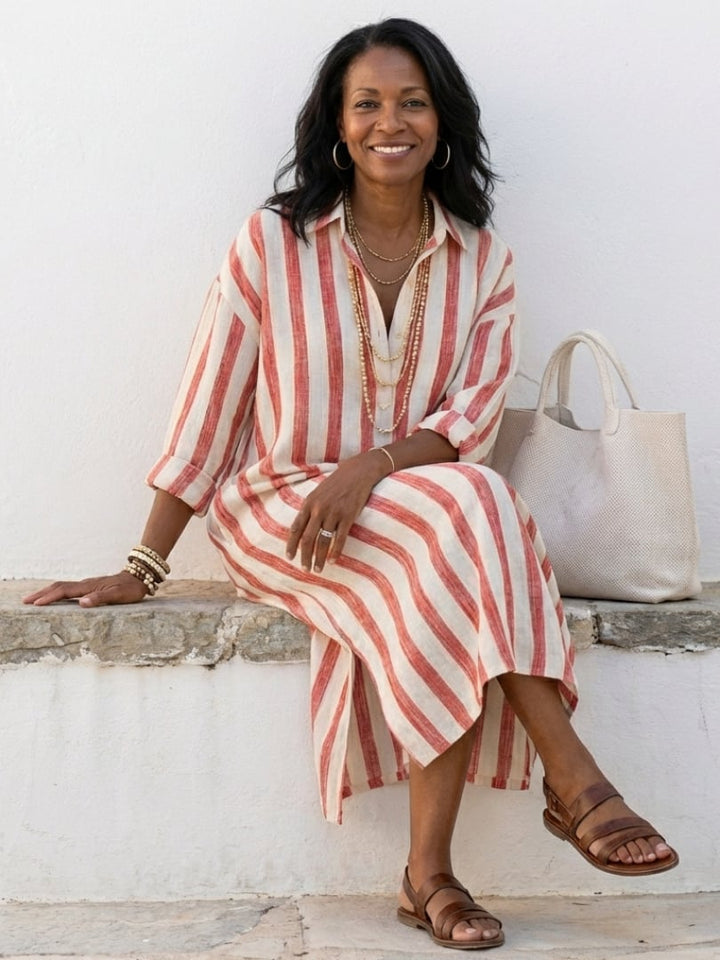 Woman wearing the Brielle brown striped long sleeve midi shirt dress, front full-length view