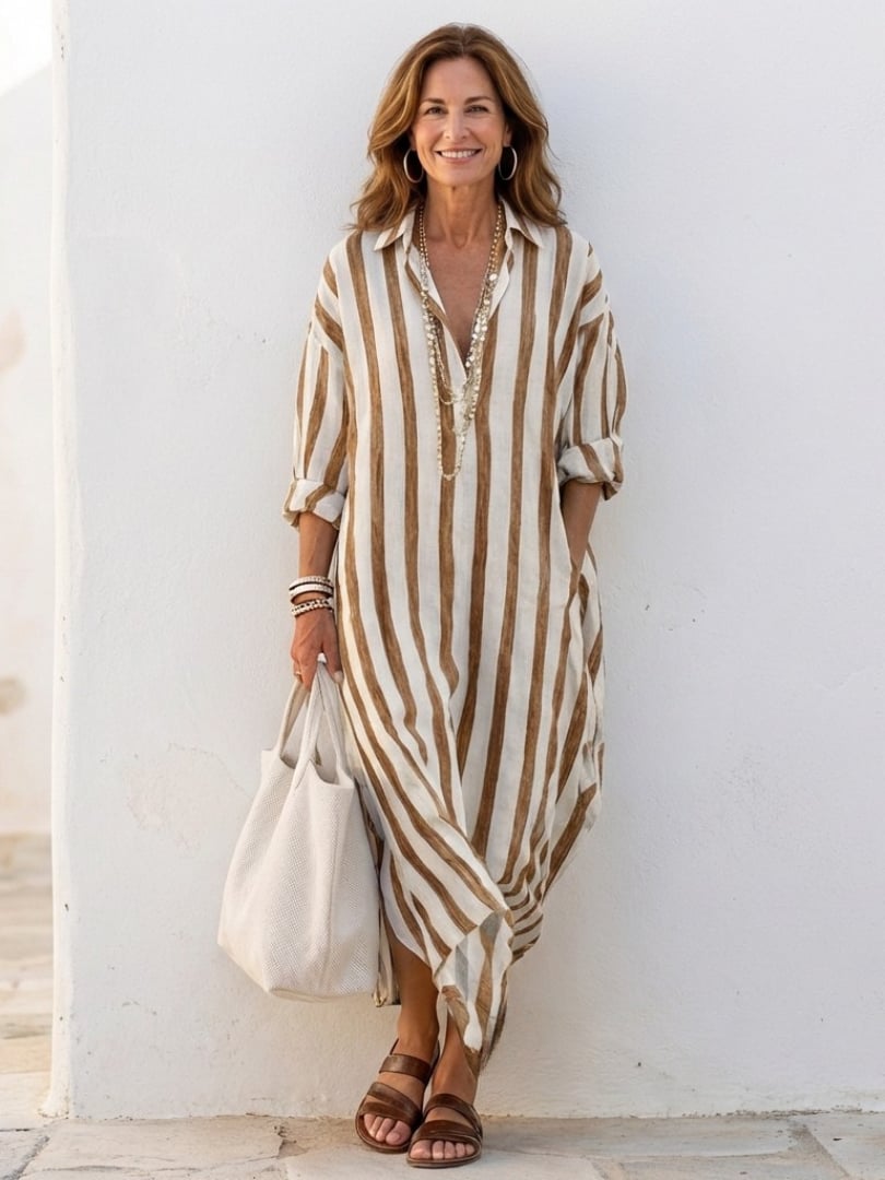 Detail shot of the vertical stripe pattern on the Brielle midi shirt dress in brown
