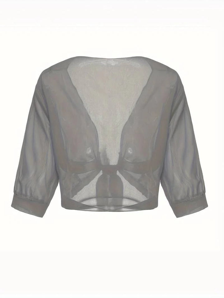 Woman wearing the Brisa sheer tie front blouse in light gray