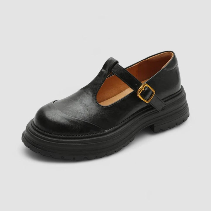 Flat lay of brown and black orthopedic mary jane shoes side by side on a light surface