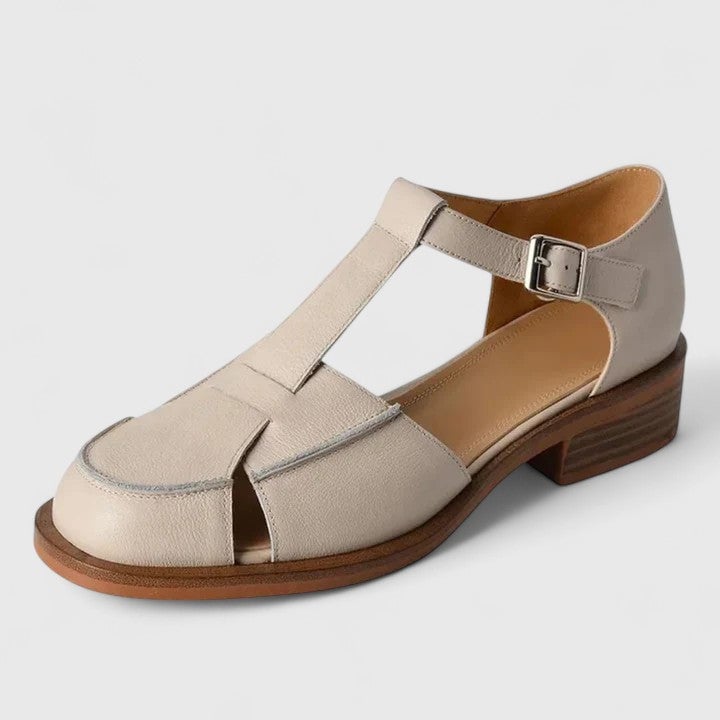 Brooke elegant Mary Jane sandals in beige with adjustable strap and open cut-out detailing, side view