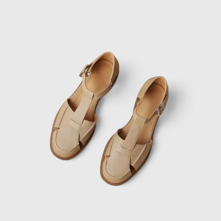 Brooke Mary Jane sandals in brown showing cushioned insole and structured open design