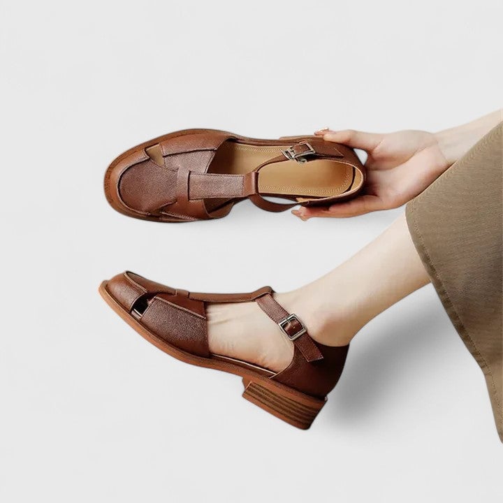 Detail shot of the smooth interior and cushioned footbed of the Brooke Mary Jane sandal