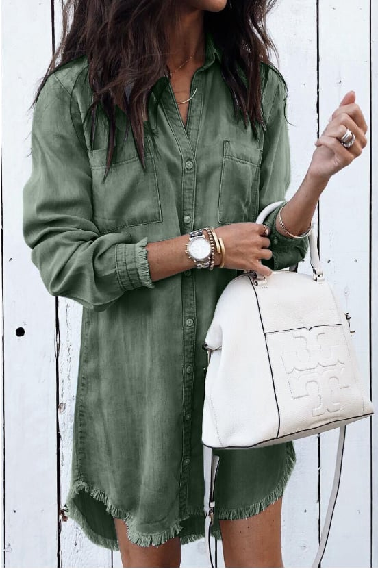 Front view of the Brooke denim shirt dress showing the classic button-down front and chest pocket detail