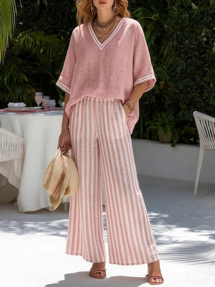 Front view of the Brynn striped two-piece set showing the V-neckline and flowing wide leg pants