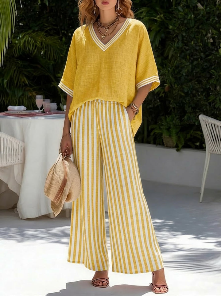 Close-up of the Brynn set's elastic waistband and striped fabric detail