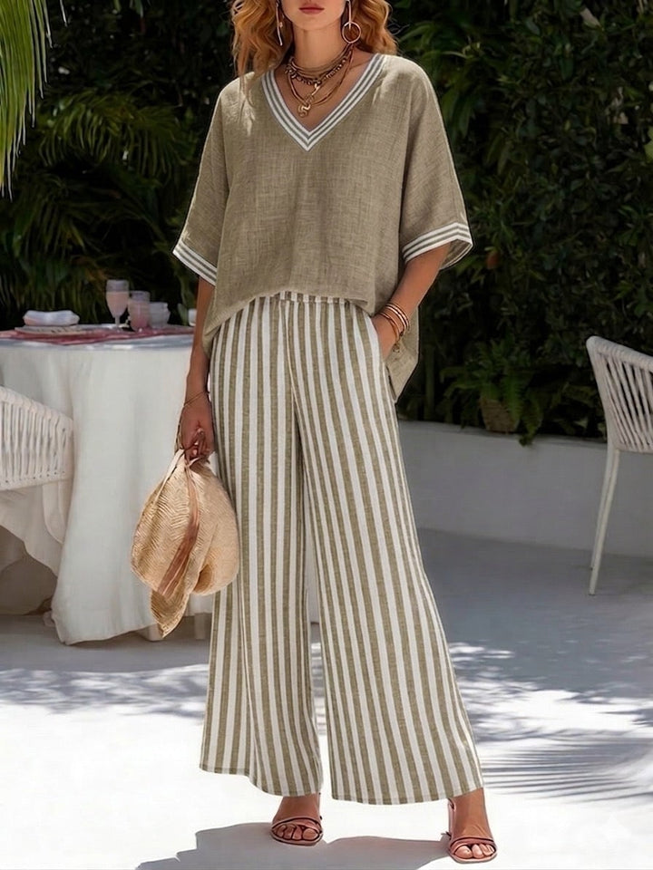 Flat lay of the Brynn striped two-piece set showing the coordinating top and pants