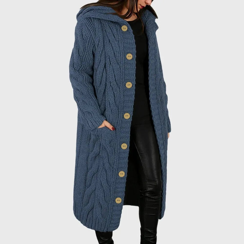Woman wearing the Cadence elegant cozy coat in a soft structured silhouette, styled for a polished everyday look